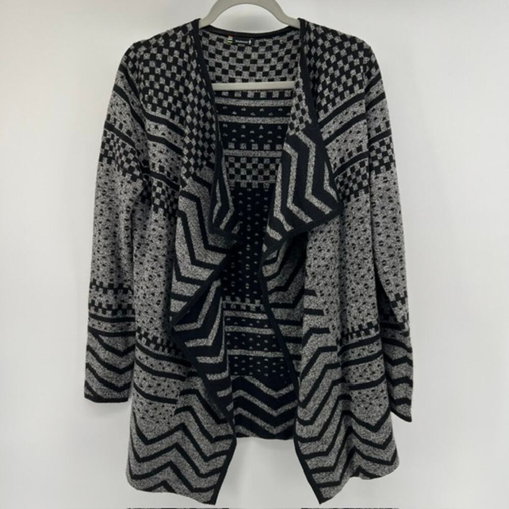 Smartwool Open Front Cardigan Wrap Womens M Gray Black Geometric Merino Wool